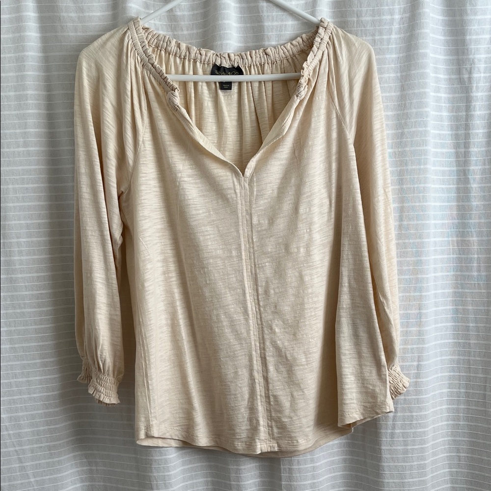 Style & Co. Cream Beige Pale Yellow 3/4 Sleeve, Elastic Split Neck Knit Top XS